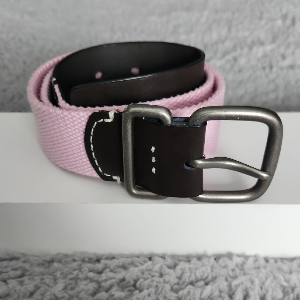 Women’s Pink Canvas Belt Brown Leather Trim Size Small Casual Y2K Preppy